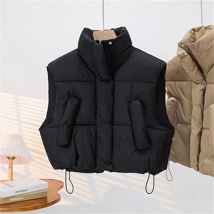 Warm Women Short Down Vest - Stand-Up Collar, Winter