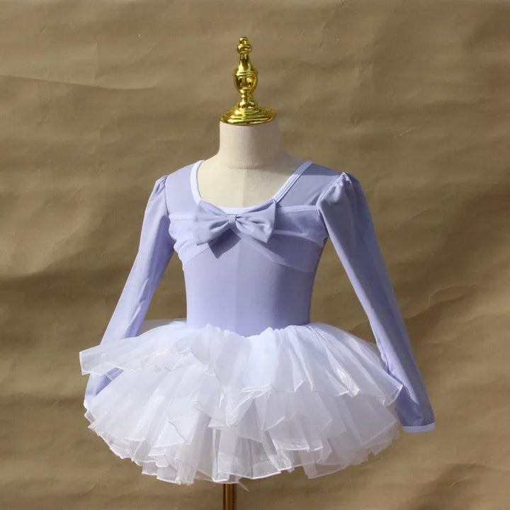 Lightweight girls ballet leotard set - puff-sleeve top, tulle tutu skirt, polyester, for dance class
