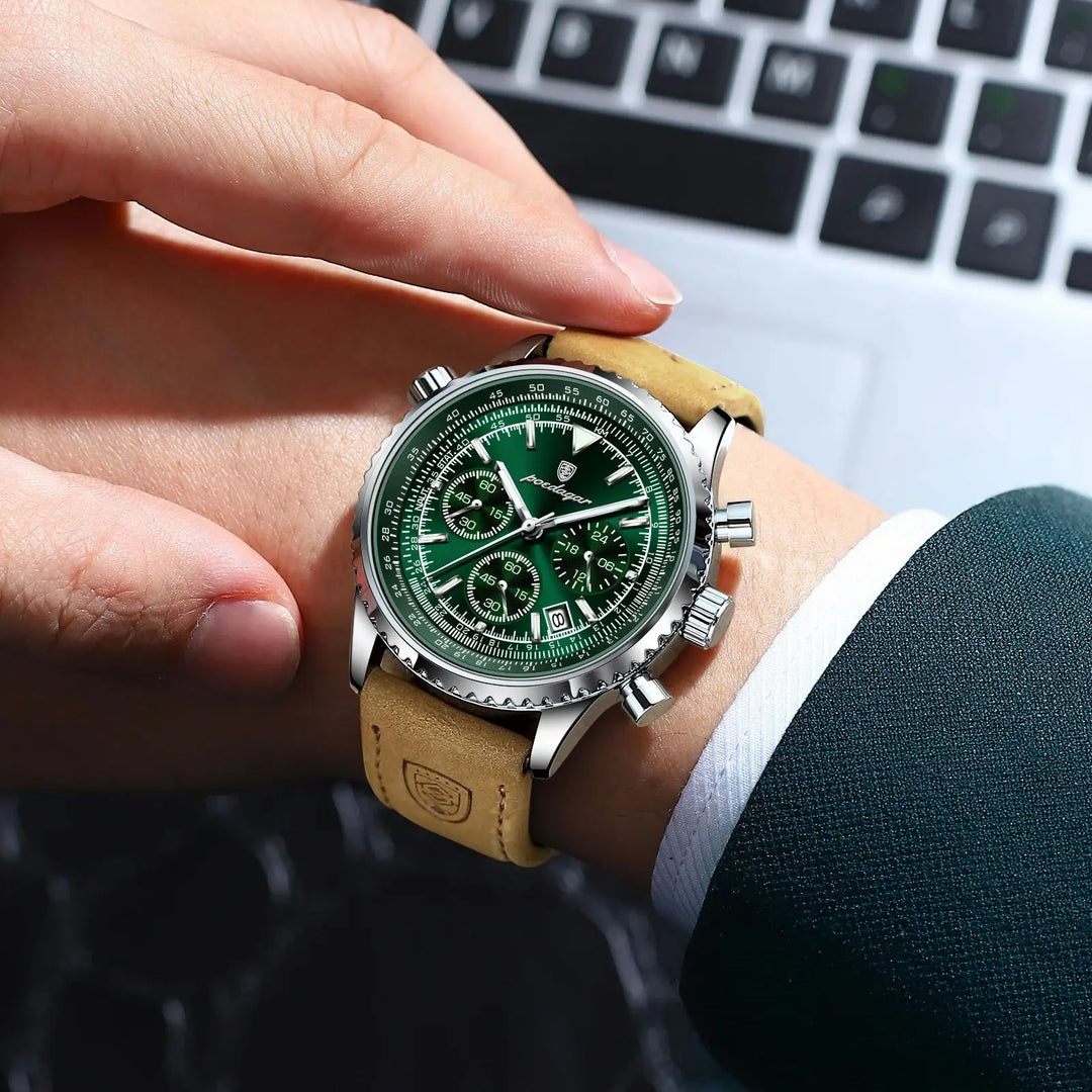 Quartz Chronograph Watch Waterproof Luminous Date Leather
