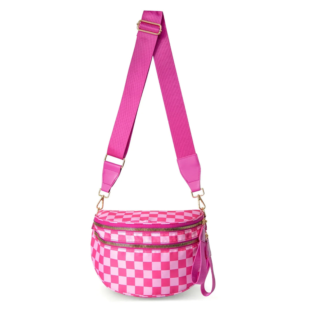 Versatile unisex crossbody bum bag – checkered nylon, box shape, travel and daily use