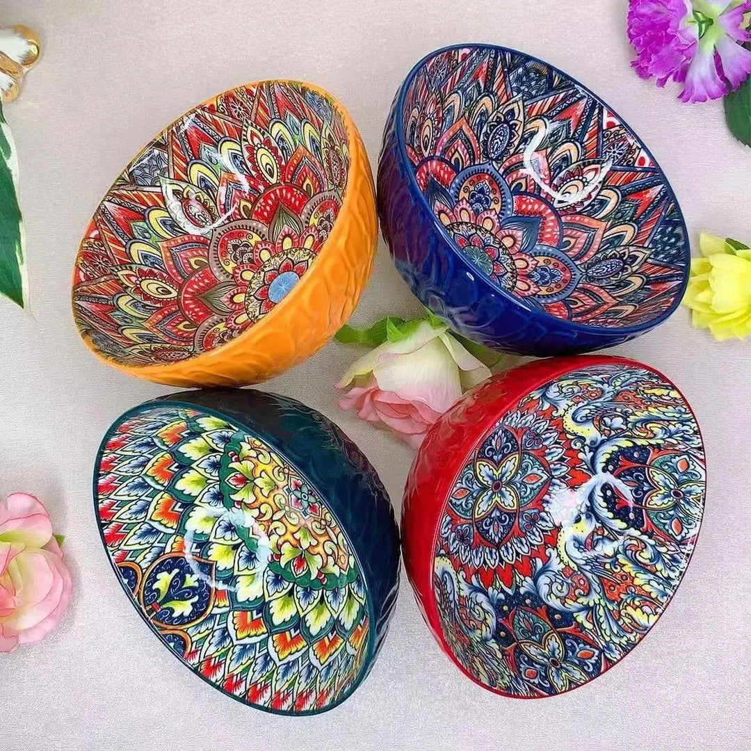 Bohemian Ceramic Bowls Set Floral Serving Bowls Versatile