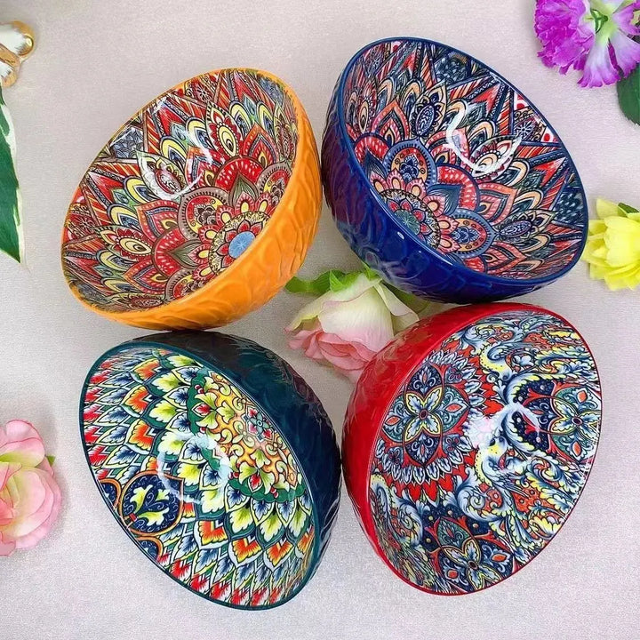 Bohemian Ceramic Bowls Set Floral Serving Bowls Versatile