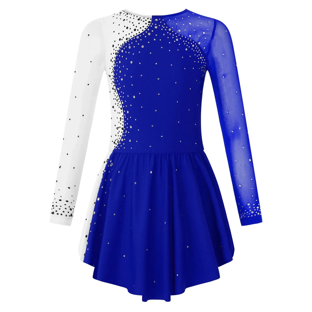Stretchy girls figure skating dress – long sleeve rhinestone accents, jersey, dance performance costume