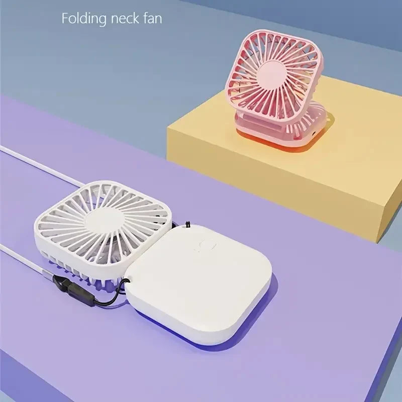 Mini Folding Hanging Neck Fan - 3 Speed USB Rechargeable Personal Fan for Travel and Indoor Use