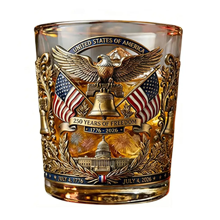 Patriotic Whiskey Glass Hand Blown Eagle Glassware USA 250th Anniversary Rotating Cup Gift Idea