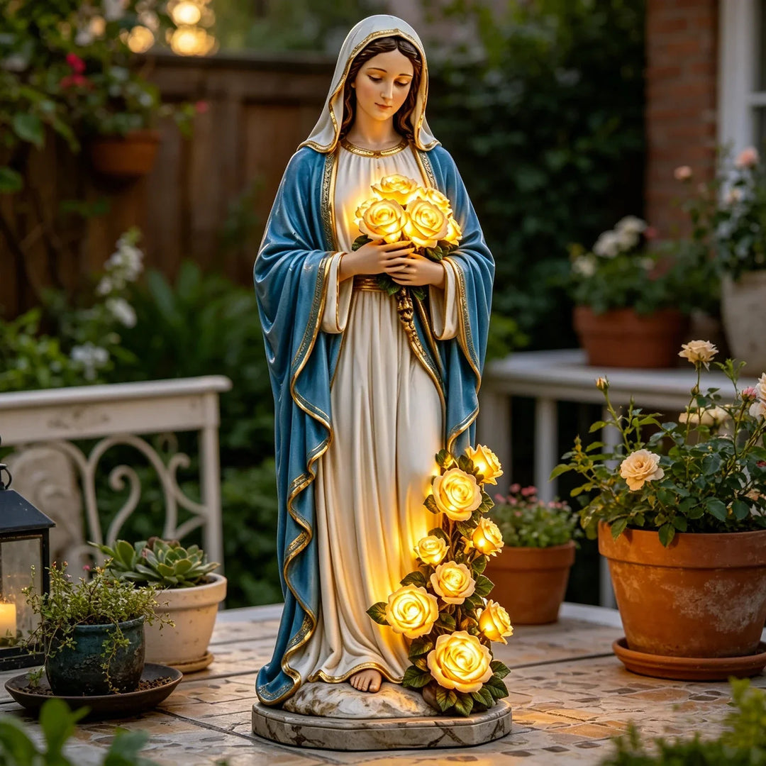 Virgin Mary Statue 7.87 Inch Outdoor Resin Garden Decor With Lighting Roses Religious Figurine Mother&