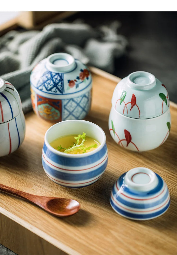 Hand Painted Japanese Ceramic Lidded Dessert Bowls Set