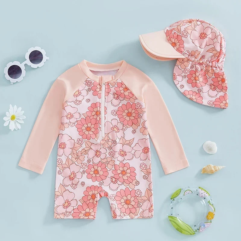 Lightweight Durable Toddler Girl Rash Guard Swimsuit - Long Sleeve Floral Flamingo Print, Polyester Elastane, Beachwear