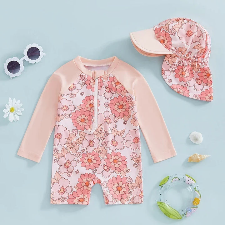 Lightweight Durable Toddler Girl Rash Guard Swimsuit - Long Sleeve Floral Flamingo Print, Polyester Elastane, Beachwear