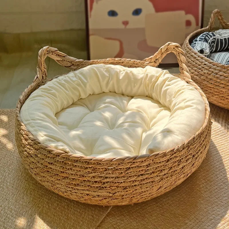 Handmade Vine Woven Cat Nest - Detachable Washable Winter Warmth Pad for Pet Supplies