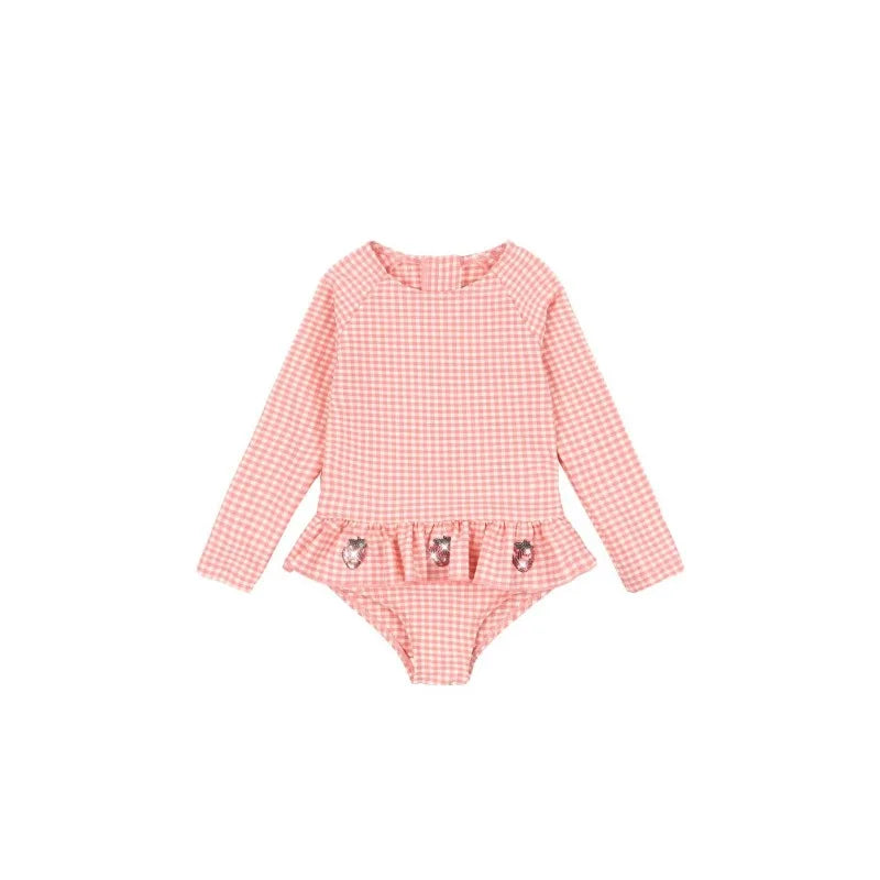 Lightweight Girls Swimsuit – long sleeve one-piece, plaid print, strawberry sequin accents, polyester, nylon, for summer