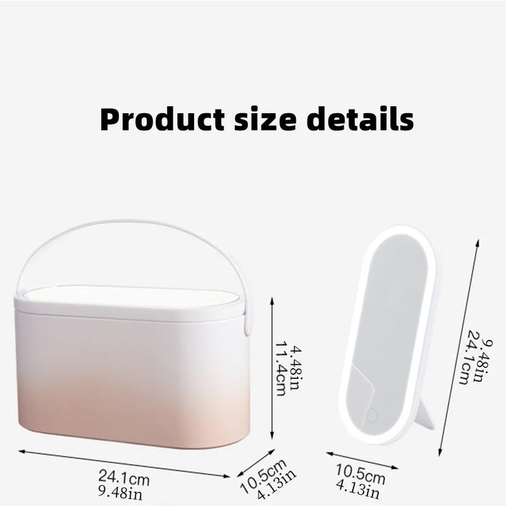 Makeup Organizer Box with LED Light Mirror - Portable Travel Makeup Case for Cosmetics Storage