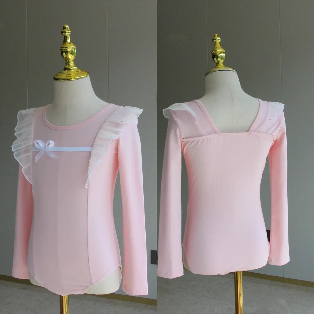 Lightweight girls ballet leotard set - puff-sleeve top, tulle tutu skirt, polyester, for dance class
