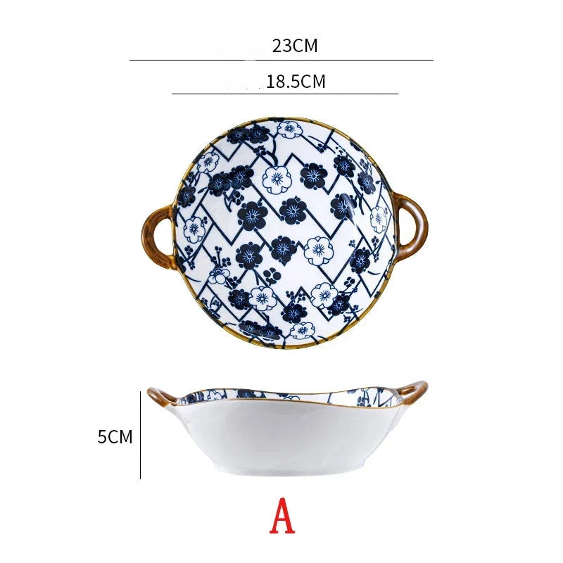 7.5 Inch Japanese Ceramic Noodle Bowl With Handles Blue