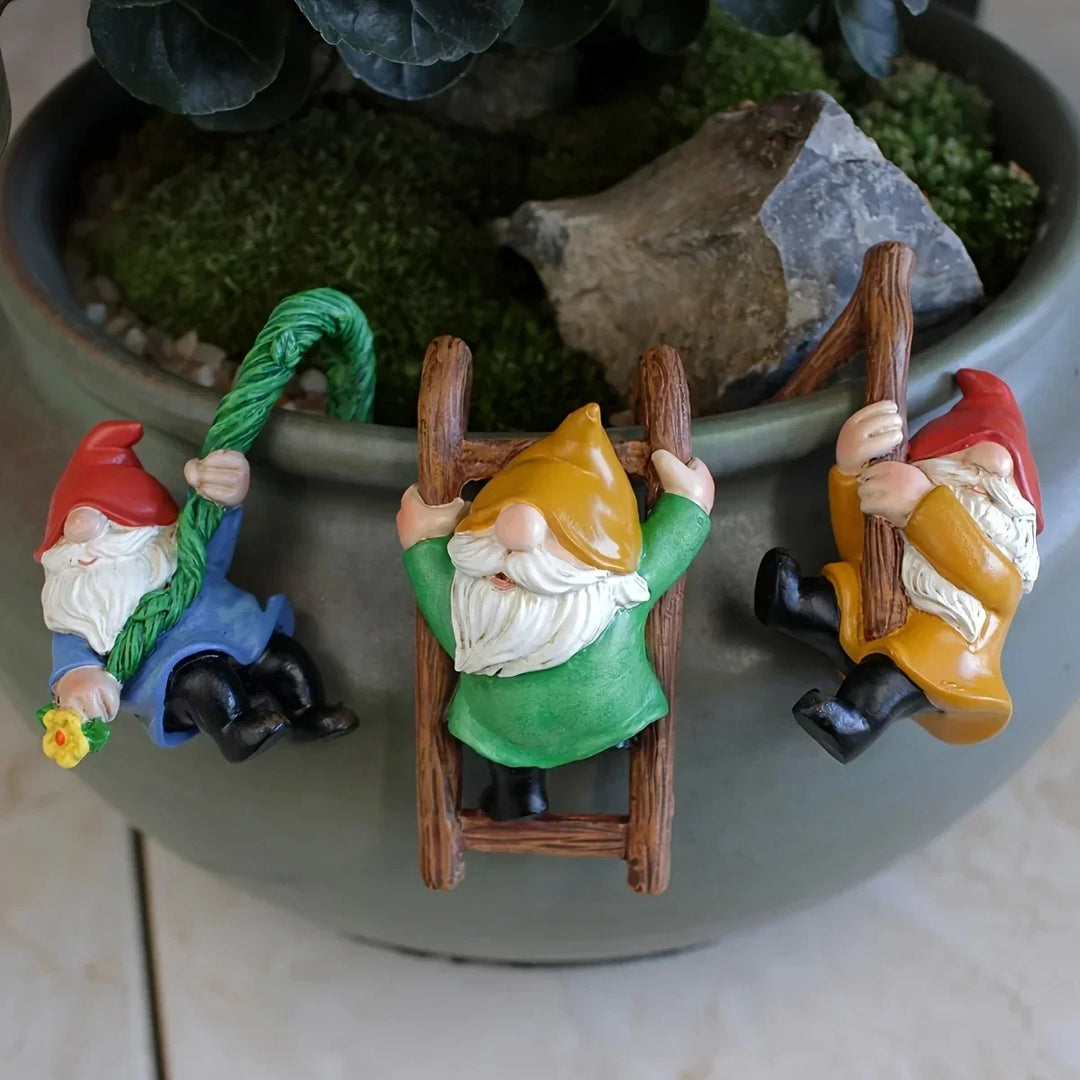 Garden Gnome Ornaments Set - 3pc Hanging Resin Dwarf Figurines For Mini Garden Micro Landscape Decor Outdoor Spring