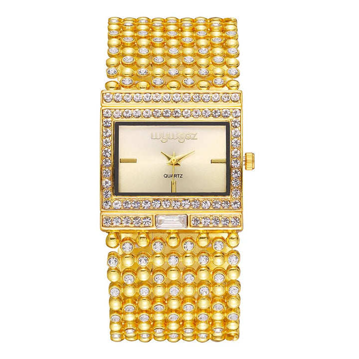 Gold Watch – Diamond Set Square Dial Ladies Quartz Wristwatch, Crystal Band, Fall 2026 Gift Idea