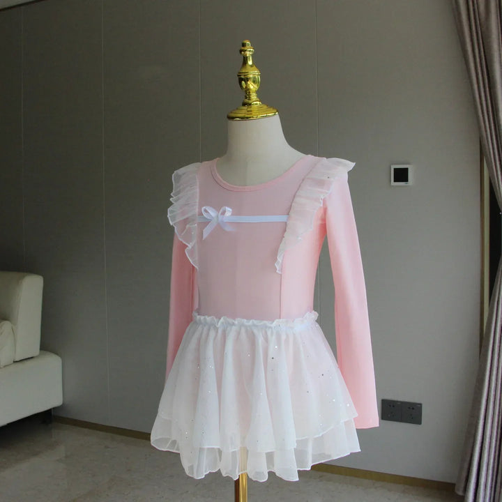 Lightweight girls ballet leotard set - puff-sleeve top, tulle tutu skirt, polyester, for dance class