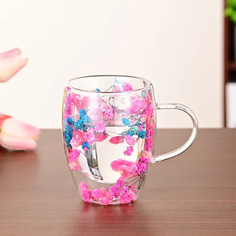 Double Wall Glass Cup with Handle Dried Flower Decorated Ins Style Mug 300ML