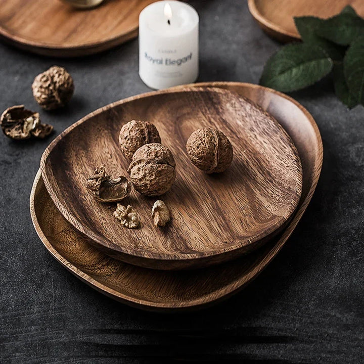 5Pcs Wooden Storage Tray - Acacia Wood Irregular Oval Tableware, Solid Food Container