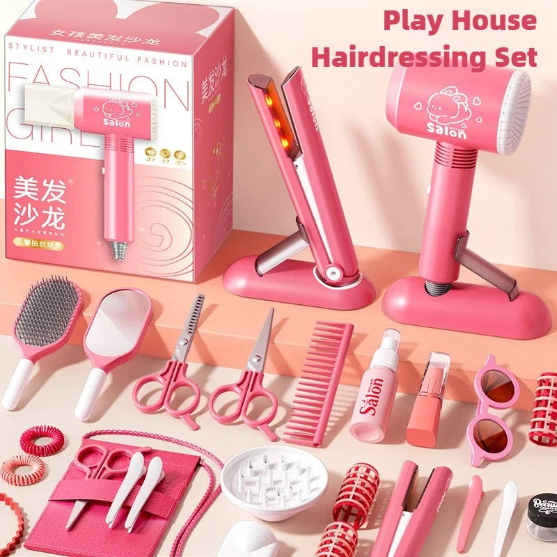 Kids Hair Salon Set Pink Pretend Play Styling Kit With Hair Dryer And Accessories Fall 2025 Gift