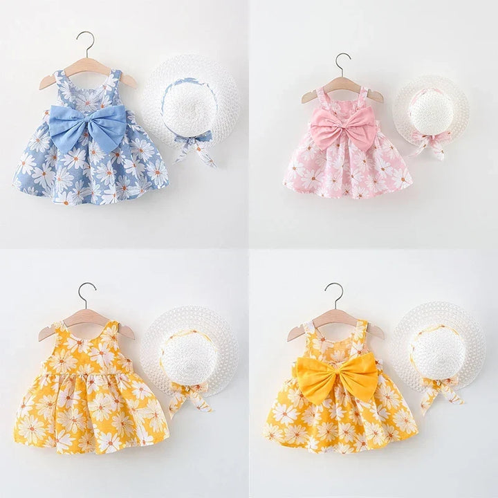 Soft baby girls dress - sleeveless, floral bow-embellished, cotton-polyester blend, for summer outings