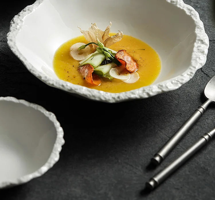 White Porcelain Rock Edge Soup Bowl Modern Tableware