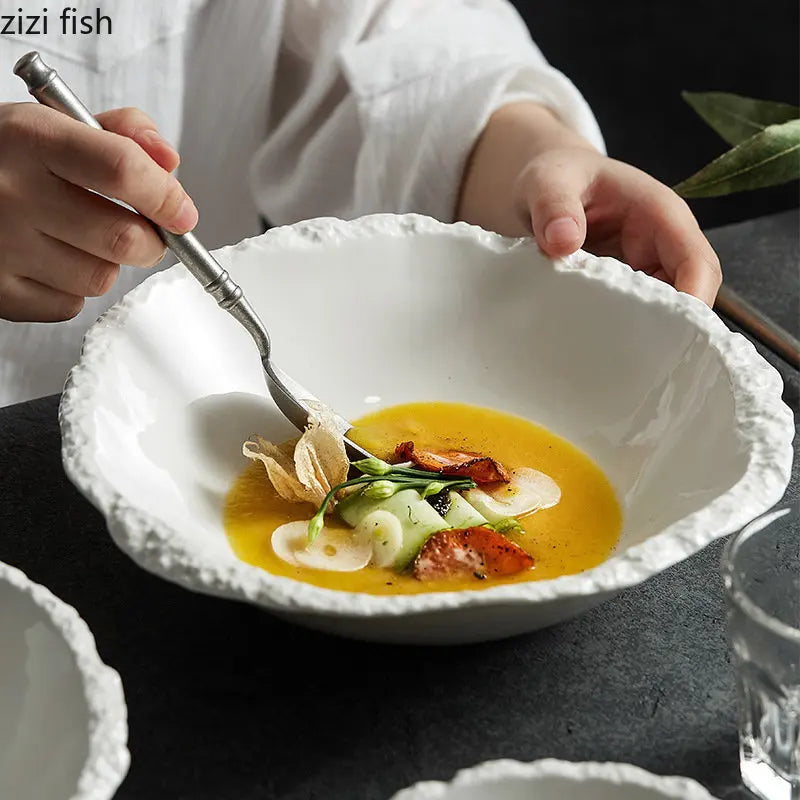 White Porcelain Rock Edge Soup Bowl Modern Tableware