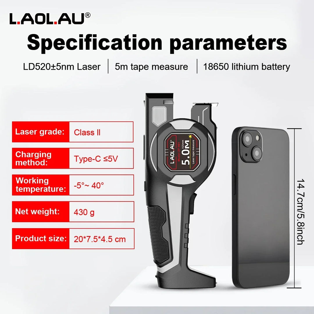 LAOLAU 2-in-1 Laser Tape Measure 5M/16FT – Type-C Rechargeable Class II Laser Auto-Lock Tool 2026