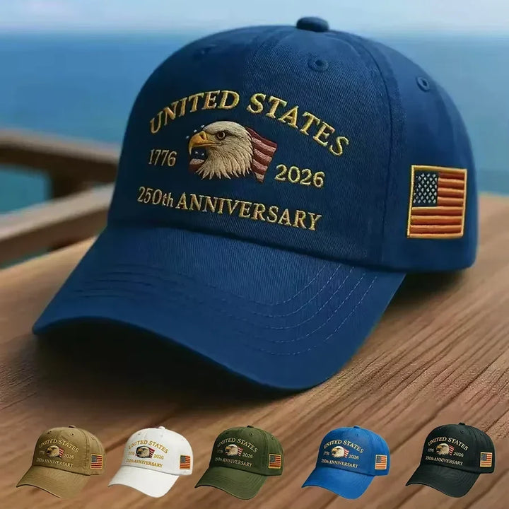 Breathable unisex baseball cap - Eagle-embroidered, flag-patch, six-panel curved-brim, cotton crown, 250th anniversary