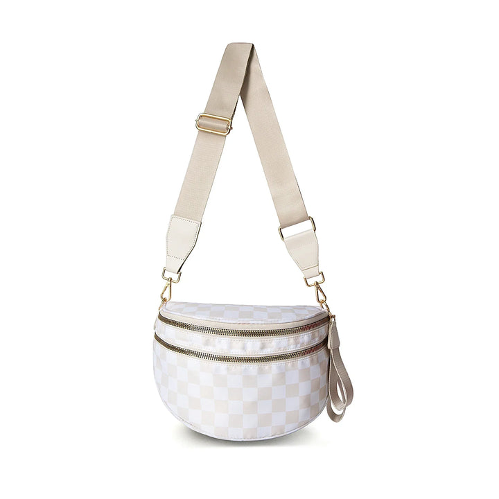Versatile unisex crossbody bum bag – checkered nylon, box shape, travel and daily use