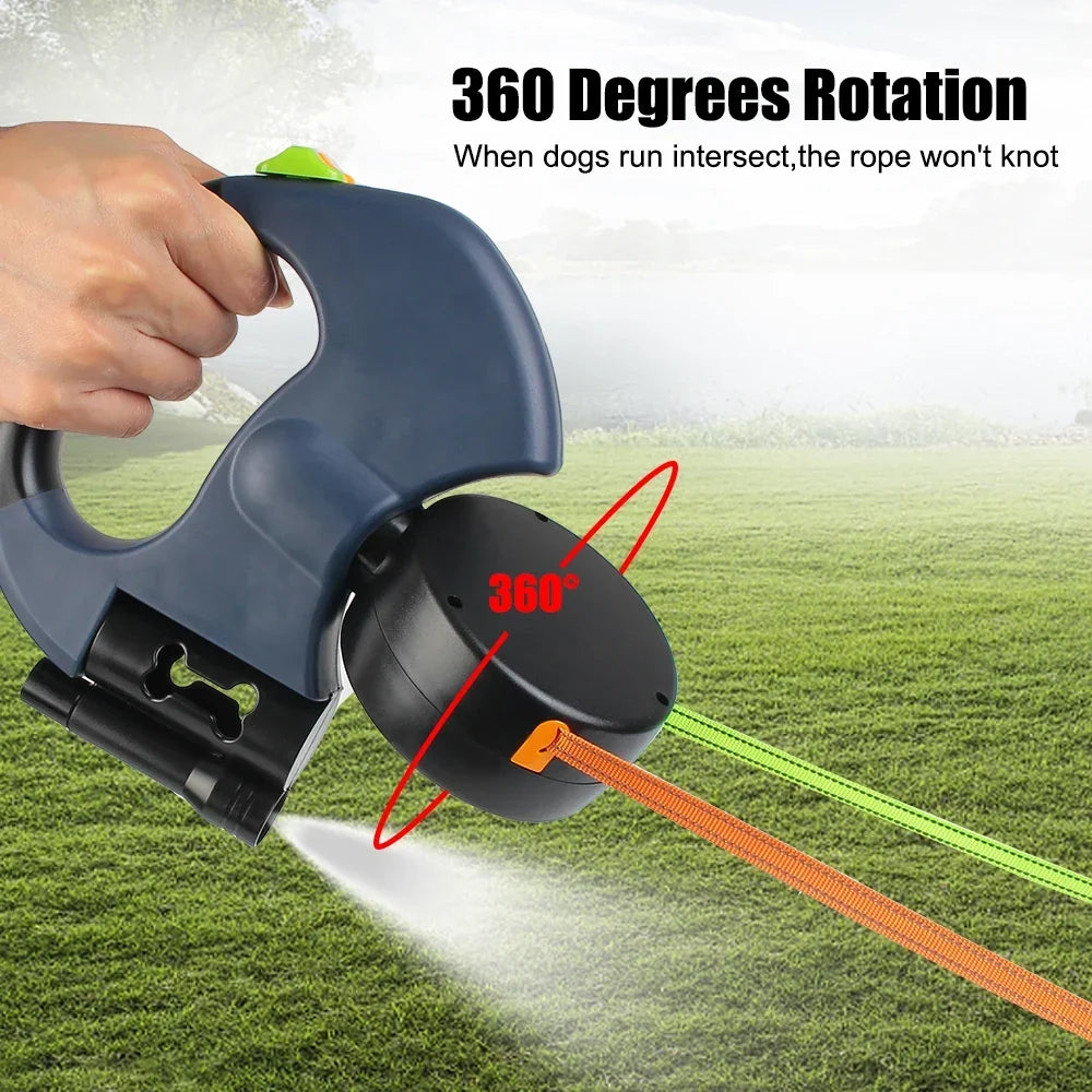 Dual Dog Leash 3m Retractable with Flashlight &amp; Waste Bag Box, Auto-Extend Traction Rope
