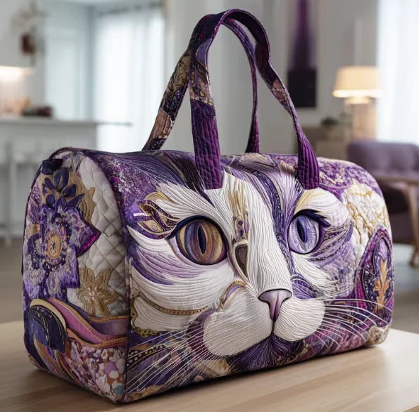 Soft Unisex Travel Tote - Quilted, Cat-Embroidered Fabric, For Beach, Hiking, Camping