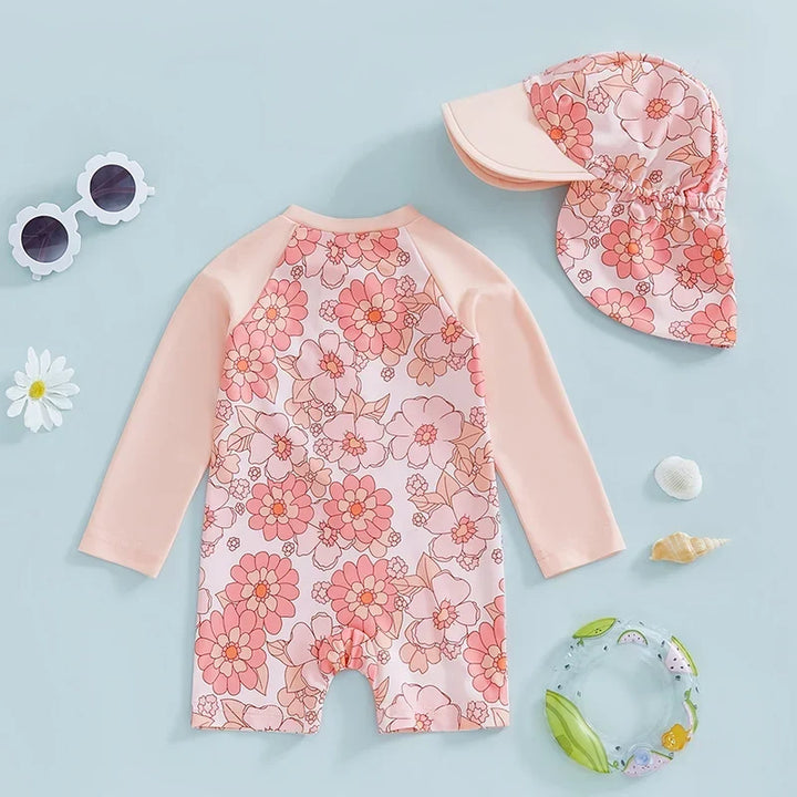Lightweight Durable Toddler Girl Rash Guard Swimsuit - Long Sleeve Floral Flamingo Print, Polyester Elastane, Beachwear