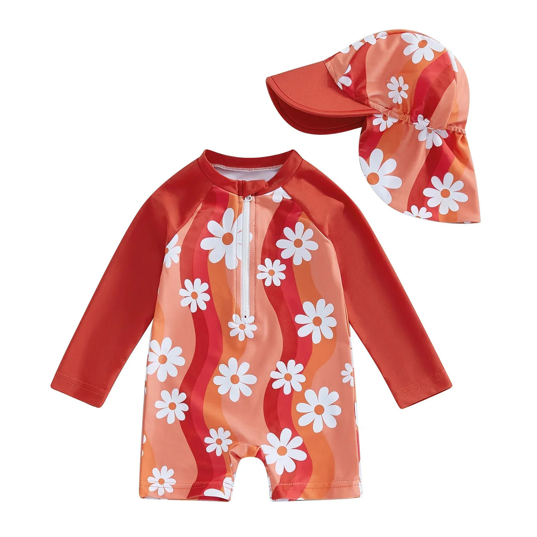 Lightweight Durable Toddler Girl Rash Guard Swimsuit - Long Sleeve Floral Flamingo Print, Polyester Elastane, Beachwear
