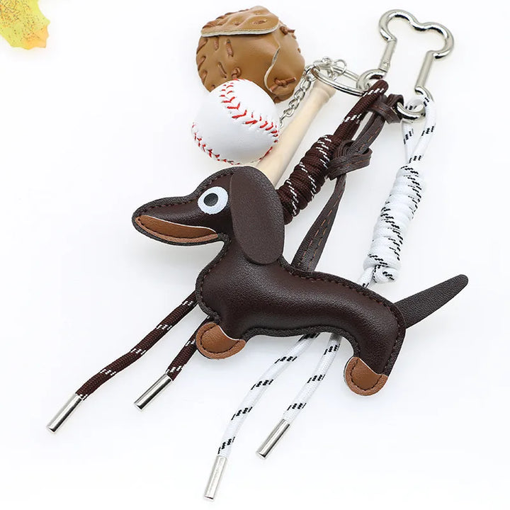 Dachshund Pu Leather Bag Charm Baseball Keychain Gift