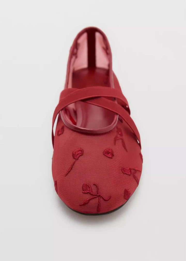 Lightweight Women Ballet Flats - Mary Jane, Embroidered Mesh