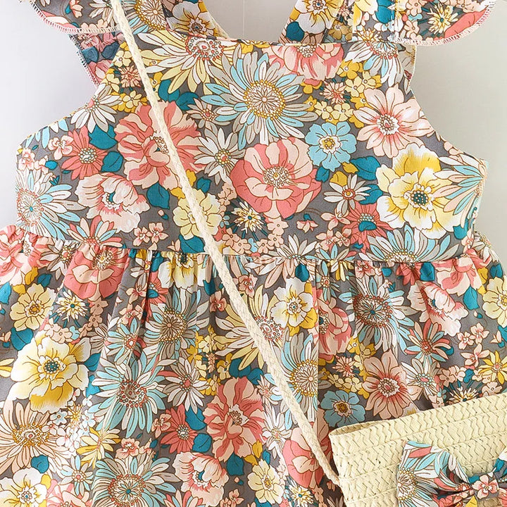 Soft Baby Girl Dress - Classic Floral Flutter Sleeves, Polyester, With Crossbody Bag, For Ages 0-3