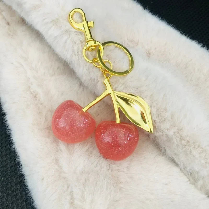 Red Cherry Keychain Bag Charm With Gold Leaf Lobster Clasp