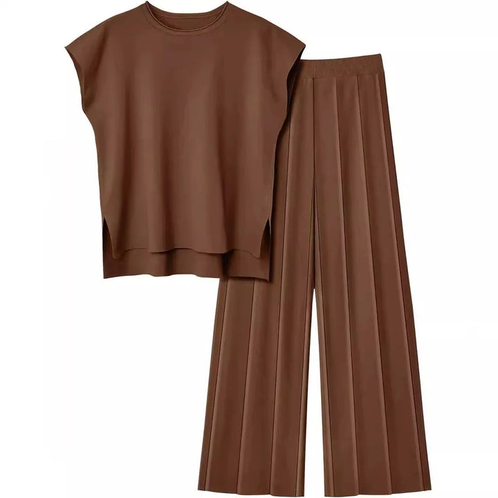 Soft Relaxed Women’s Two-Piece Pant Set – Sleeveless Round-Neck Knit Top, High-Waist Wide-Leg Pants For Summer