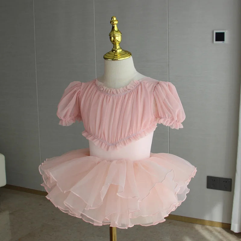 Lightweight girls ballet leotard set - puff-sleeve top, tulle tutu skirt, polyester, for dance class