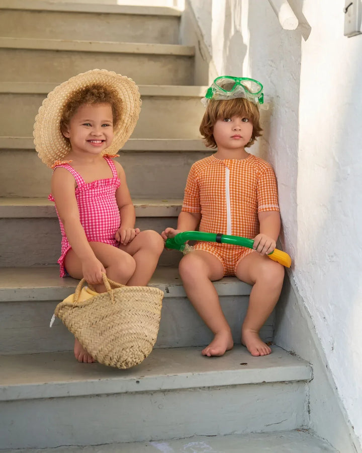 Quick-Dry Unisex Kids Swimsuit - One-Piece Gingham Plaid, Polyester, For Summer Vacation
