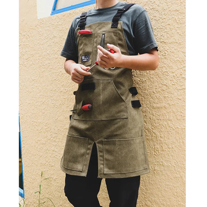 Denim Canvas Apron With Adjustable Cross Back Straps Work Apron Fall 2025 Custom Logo Durable Tool Pockets