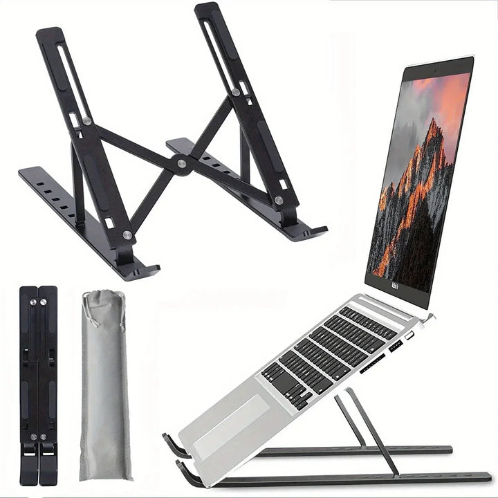 Portable Adjustable Aluminum Laptop Stand with Accessories - 6-Level Height, Anti-Slip Design, Enhanced Ventilation for 8-16" Laptops
