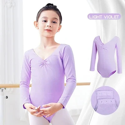 Soft Girls Ballet Leotard – Long Sleeve, Chest-Drawstring, Cotton, For Dance Class
