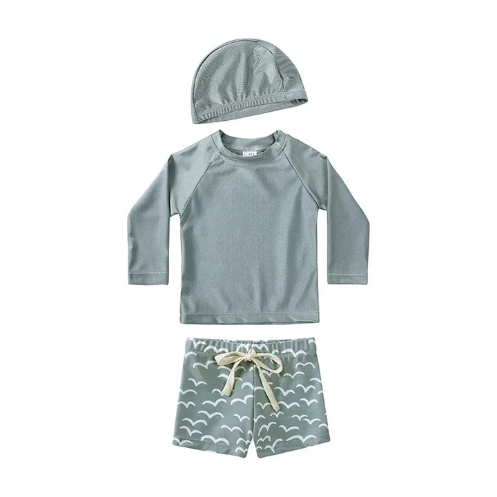 Quick-dry Unisex Baby Swimwear 2-Piece Set – Long-Sleeve Rash Guard Top, Shorts, Polyester, Summer Beachwear