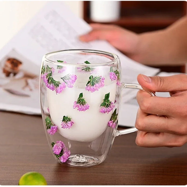 Double Wall Glass Cup with Handle Dried Flower Decorated Ins Style Mug 300ML