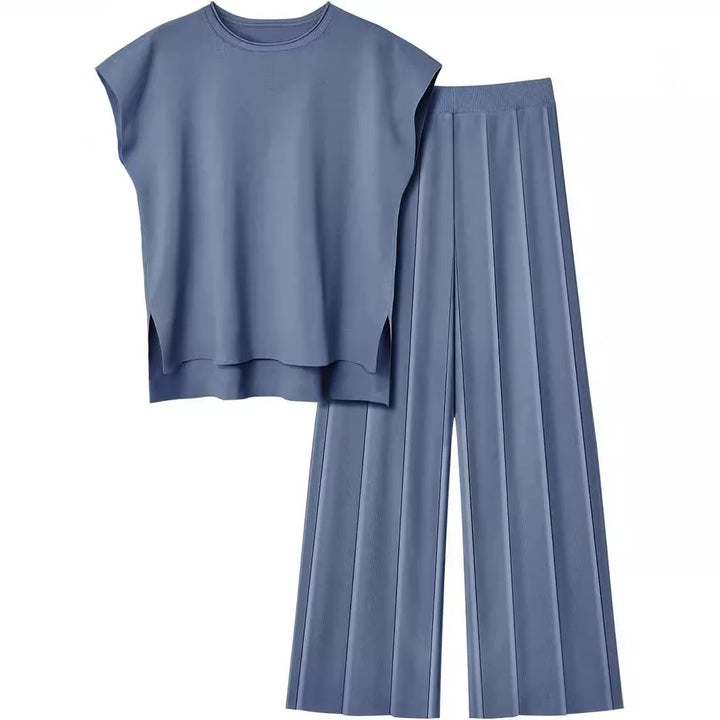 Soft Relaxed Women’s Two-Piece Pant Set – Sleeveless Round-Neck Knit Top, High-Waist Wide-Leg Pants For Summer