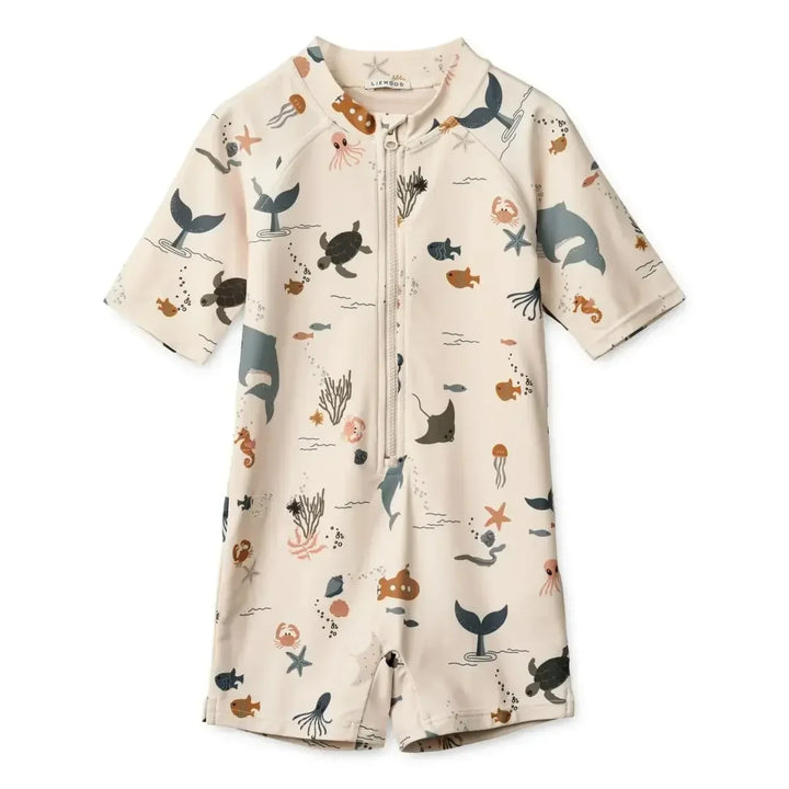 Quick-dry Kids’ Swimwear Set – Rash Guard &amp; Hat, Nylon, Cartoon Seagull Star Print, Beach Holidays