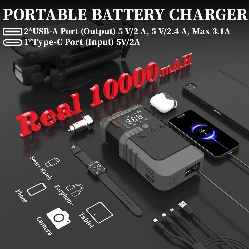 Car Jump Starter With Air Pump 3000A Peak Digital Tire Inflator 150 PSI Portable Power Bank Fall 2025