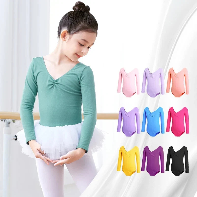 Soft Girls Ballet Leotard – Long Sleeve, Chest-Drawstring, Cotton, For Dance Class